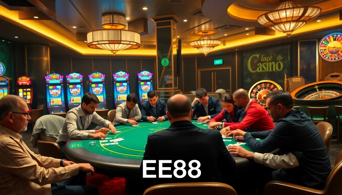 EE88 casino players enjoying a high-stakes poker game in a luxurious setting