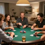 Iwin players enjoying a lively home poker game with friends and colorful chips.