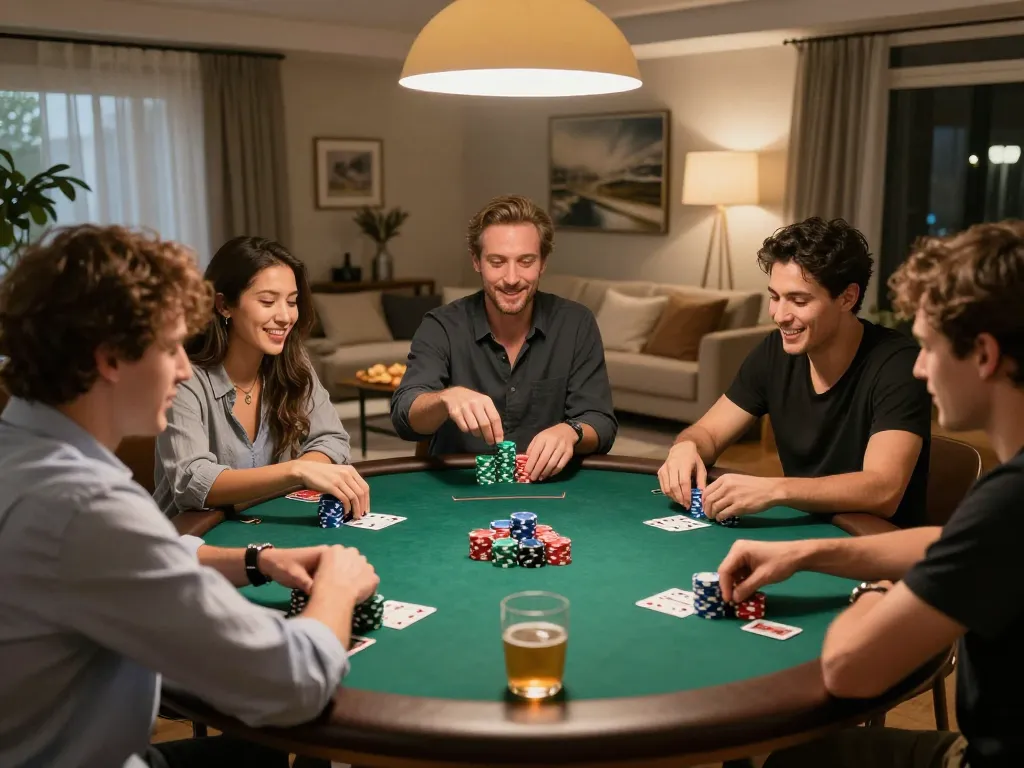 Iwin players enjoying a lively home poker game with friends and colorful chips.