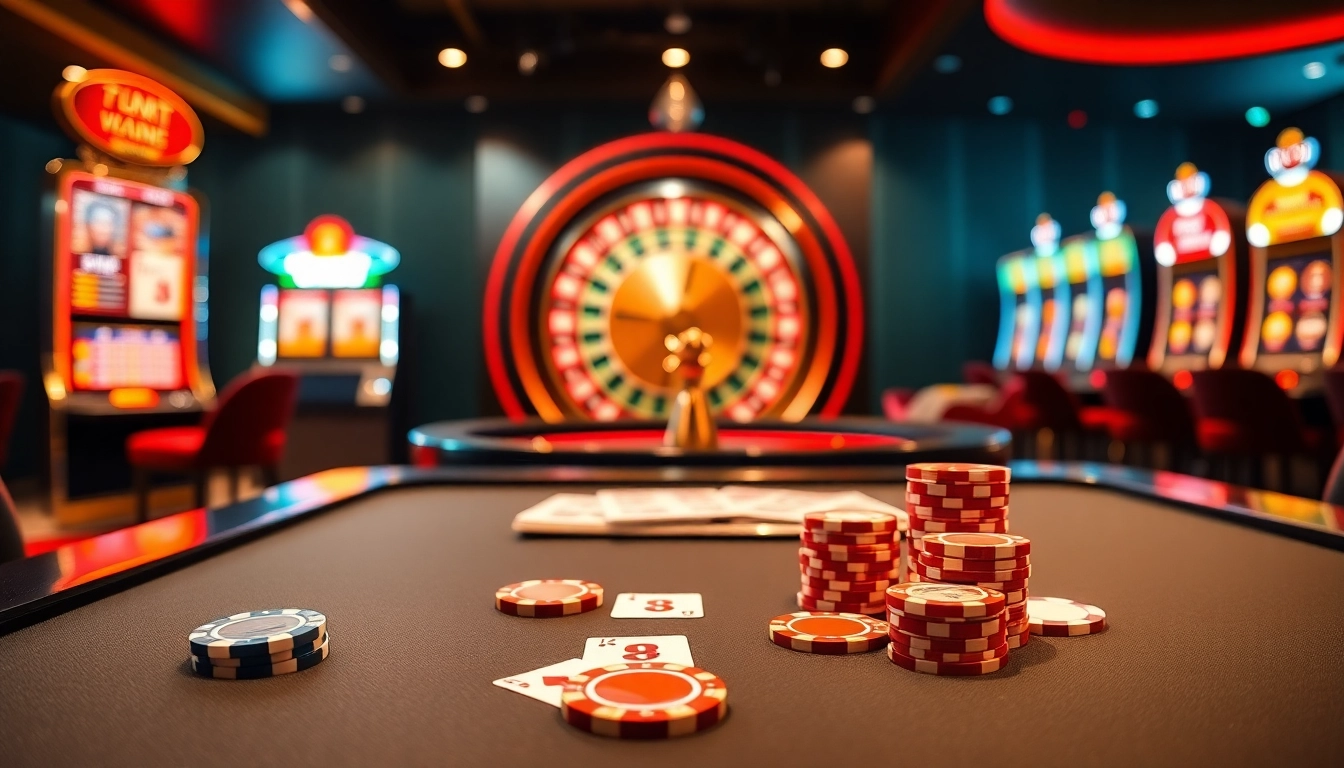 WW88 players enjoying a thrilling game at a luxurious casino table with vibrant poker chips.