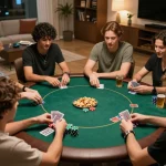 Engaged players at a home poker game inspired by https://ko6689.com/jay-tran/ enjoying strategic gameplay in a cozy setting.