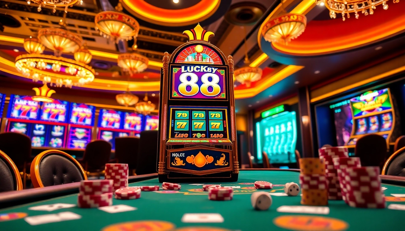 Experience the thrill of LUCKY88 as players engage with vibrant slot machine action and casino games.