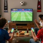 Friends watching live football match on https://cakhiatv.design/ in a cozy living room with snacks.
