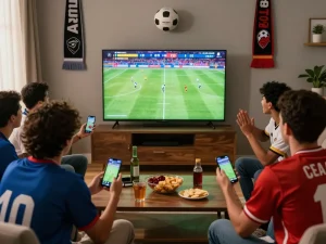 Friends watching live football match on https://cakhiatv.design/ in a cozy living room with snacks.