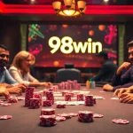Experience intense poker gameplay at 98win with vibrant chips and cards on a luxurious table.