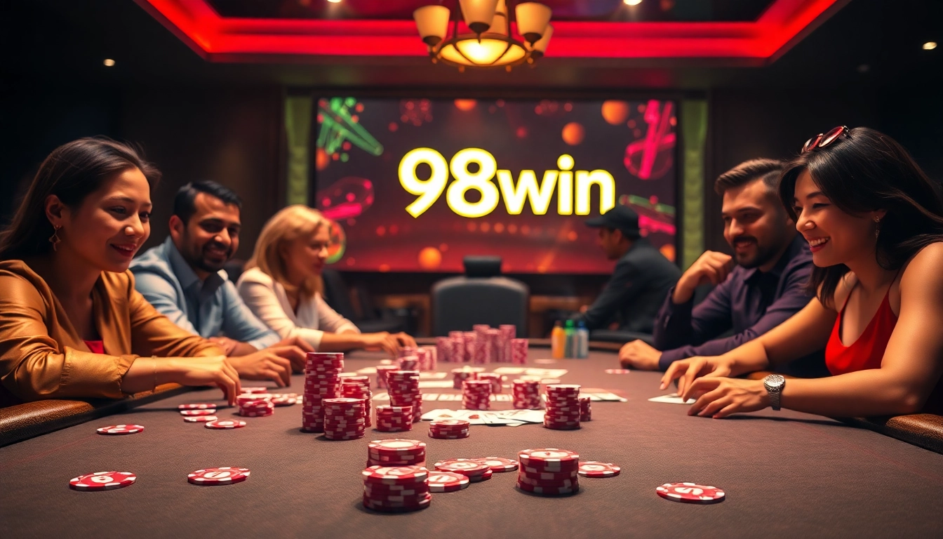 Experience intense poker gameplay at 98win with vibrant chips and cards on a luxurious table.