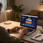 Engaging gameplay on TX666 online casino app in a stylish home office setting