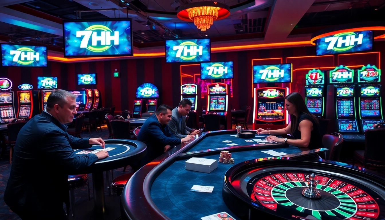 Players enjoying competitive gaming at 7HH casino with vibrant decor and engaging atmosphere.