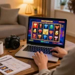 Player engaging with az888 slots on laptop in a cozy home setting.