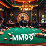 Players enjoying a thrilling poker game at MM99 casino, with vibrant machines and elegant atmosphere.