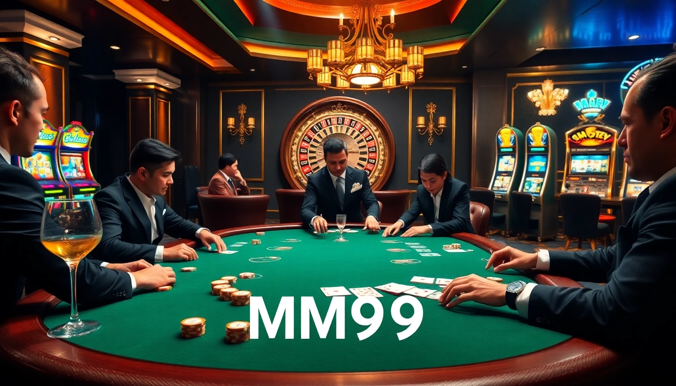 Players enjoying a thrilling poker game at MM99 casino, with vibrant machines and elegant atmosphere.