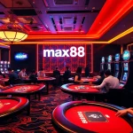 Players engaging with exciting games at max88 online casino, showcasing poker tables and slot machines.