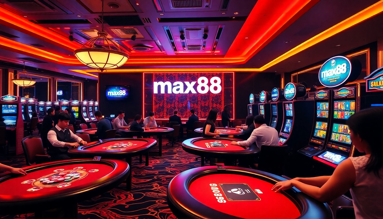 Players engaging with exciting games at max88 online casino, showcasing poker tables and slot machines.
