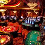 Experience the thrill of 13win with a luxurious casino scene featuring vibrant slot machines and engaging players.