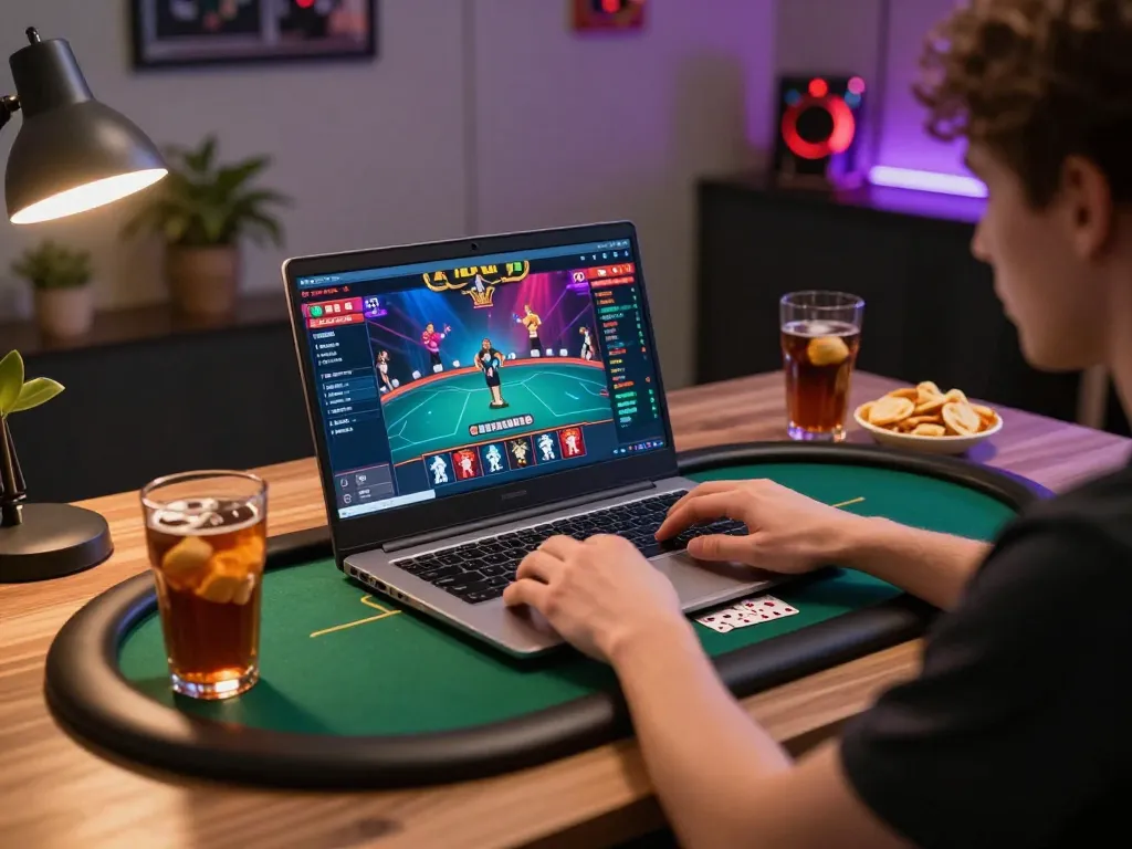 Engaging in poker on 789club platform from home gaming setup with snacks and cozy lighting.