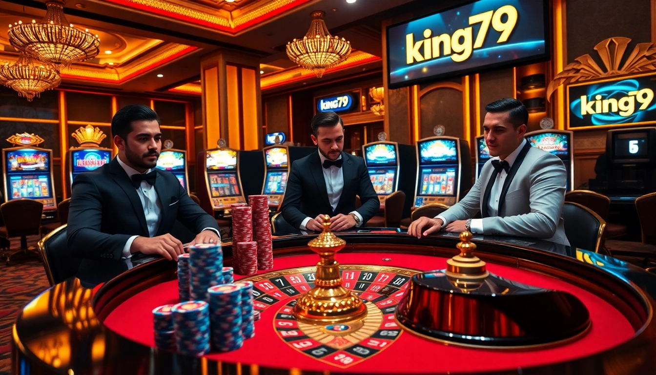 Players enjoy the excitement at the king79 roulette table amidst a vibrant casino atmosphere.