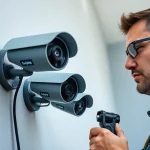 Técnico experto brindando la instalación de Soporte técnico en cámaras de Seguridad en una zona residencial.