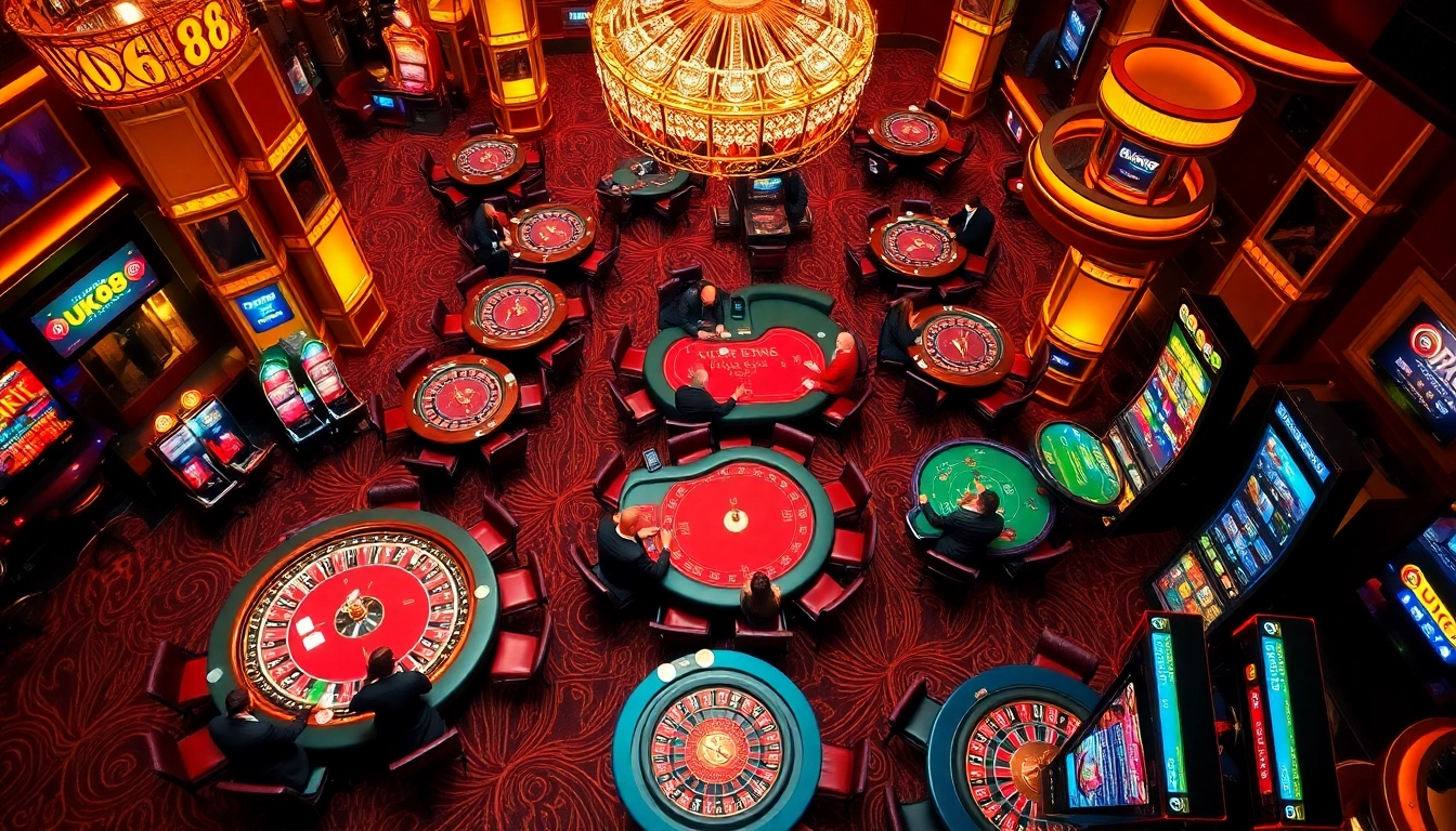 Experience the thrill of the UK88 casino with players engaged in vibrant poker and roulette action.