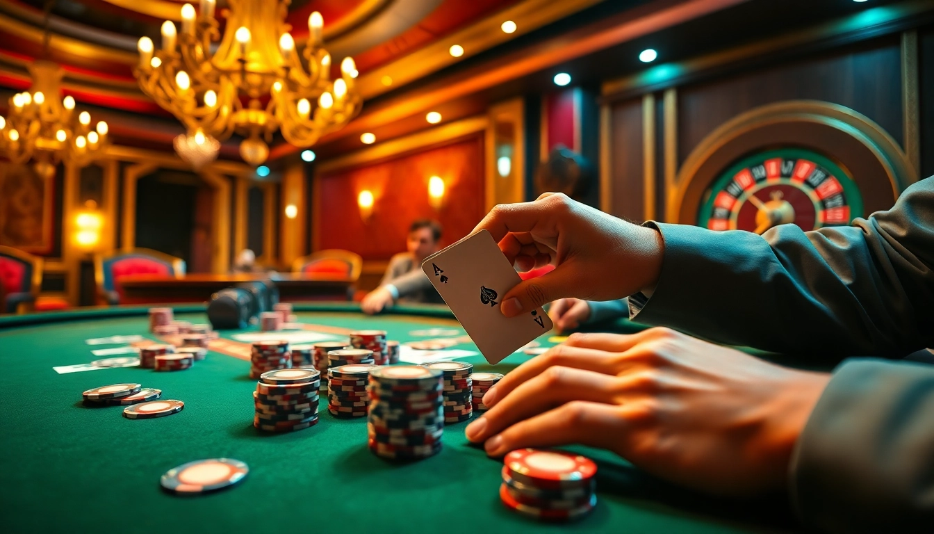 DA88 poker scene featuring high-stakes players, vibrant chips, and a spinning roulette wheel.