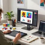 AI image prompt generation in a vibrant digital artist workspace filled with creative tools.