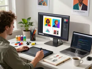 AI image prompt generation in a vibrant digital artist workspace filled with creative tools.