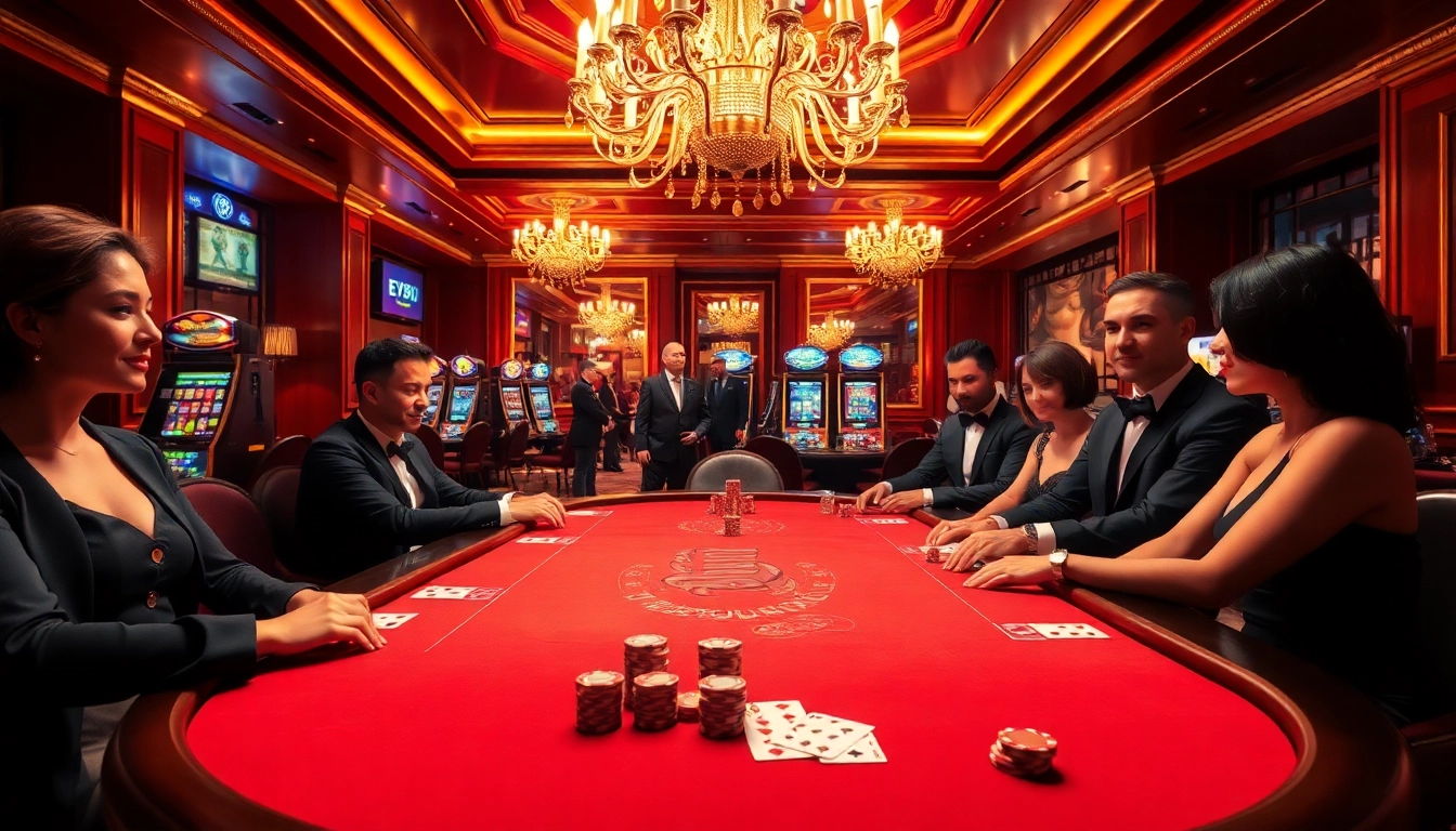 Experience the excitement of high-stakes gaming at EV88 net with luxurious poker tables and vibrant casino ambiance.
