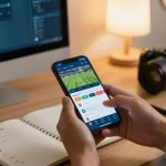 Engaging with DA88 sports betting app on smartphone in a cozy home setup.