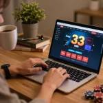 Engaging in online gambling at home with 33win on a sleek laptop, showcasing strategic gameplay.
