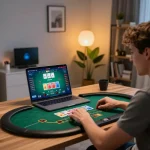 Engaging player enjoying game bài liêng on laptop during an exciting online session