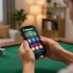 Player engaging with the 99wincasino app on smartphone in a cozy home setting.
