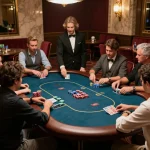 Engaged players in a high-stakes poker game showcase the thrill of game bài đổi thưởng in a sophisticated casino setting.