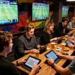 Engaged patrons at TR88 sports betting lounge actively placing bets and watching live games