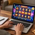 Engaging with Khung Giờ Quay Hũ in an exciting online slot game from a cozy home setup.
