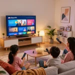 Enjoy a fun family movie night with Sky Glass IPTV Subscription displaying on the TV.