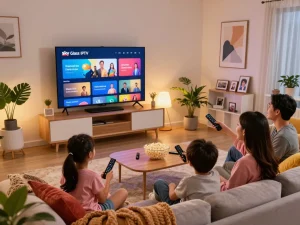 Enjoy a fun family movie night with Sky Glass IPTV Subscription displaying on the TV.
