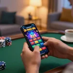Engaging scene of online gaming with smartphone displaying game bài đổi thưởng uy tín interface for strategic gameplay.