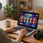 An engaged player enjoying online slots game on XX88 from a cozy home office setting.