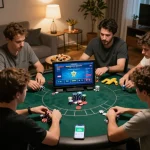 Kuwin online poker players engaged in a strategic game, showcasing a home gaming setup.