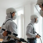 Technicians performing spray foam removal West Sussex in a residential setting.