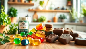 Discover Strongest CBD Edibles Online UK with vibrant gummies and chocolates on a wooden table.