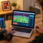 A person engaging with the 7m cn live sports betting interface on a laptop, showcasing an immersive gaming environment