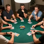 HB88 players engaged in an intense home poker game with chips and cards