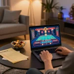 Player enjoying a tg88 online casino experience on a laptop in a cozy home setting.