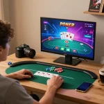 Player engaged in an online poker game at TR88, focusing on strategy with visible chips and cards on screen.