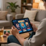 Enjoying online gaming with the 777x casino app on a tablet while seated comfortably at home.