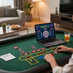 Engaging in live dealer roulette on TR88 laptop in a cozy online casino setup.