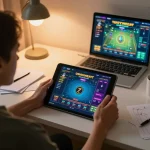 Người tham gia đánh bạc trực tuyến trên máy tính bảng 12bet tại bàn làm việc phong cách tại nhà.