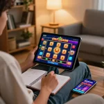 Enjoying Slot Malaysia gaming at home on tablet in a cozy living room.