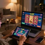 Person engaging with the Luck8 online platform in a cozy home setting, showcasing immersive gaming.