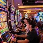 Players celebrating a win on nổ hũ slot machines in a vibrant casino.
